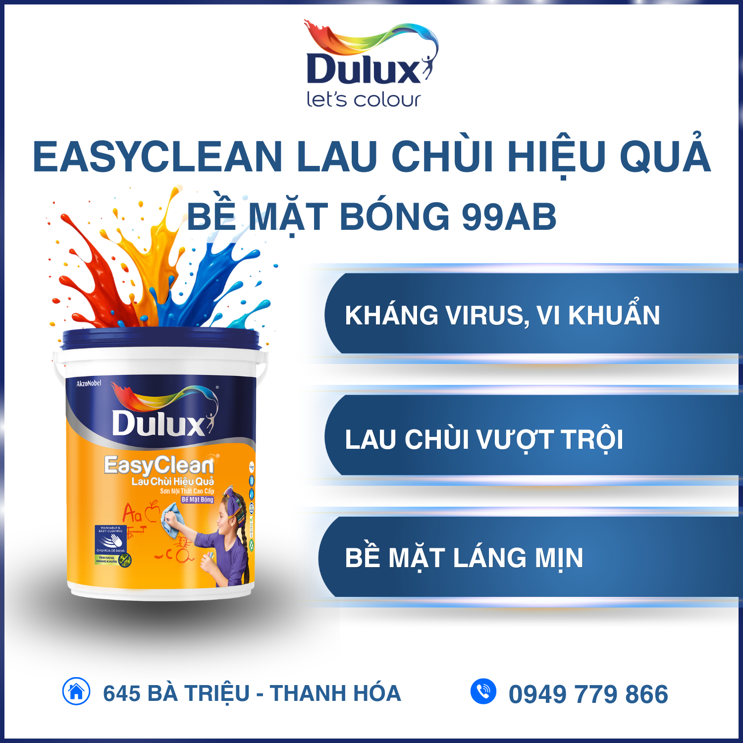 Dulux Easyclean Lau Chùi Hiệu Quả Bề Mặt Bóng 99AB Dulux Easyclean Lau Chùi Hiệu Quả Bề Mặt Bóng 99AB